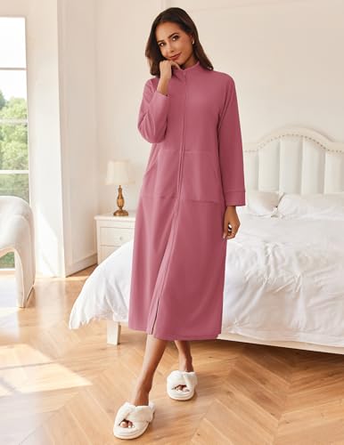 Ekouaer Women Zipper Robe Long Sleeves House Coat Soft Bathrobe Housecoat - color: Pale Violet Red, size: Medium
