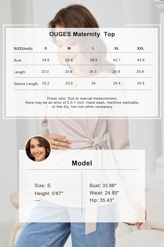 OUGES Women's Bow Tie Waist Maternity Shirts Long Sleeve Pregnancy Tops Crew Neck Fall Winter Elegant Business Blouse - color: Oat Grey, size: Large