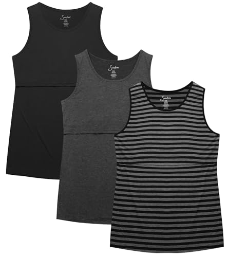Sosolism Women’s Maternity Nursing Tank Tops 3-Pack S-XXL - color: A-black/Grey/Striped, size: Small