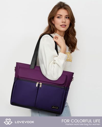 LOVEVOOK Laptop Bag for Women 15.6 Inch Canvas Laptop Large Capacity Work Bags Mutiple Pockets Teacher Bag Water Resistant Computer Bags for Business Travel Nurse, Dark Purple-Black - color: Dark Purple&black, size: 15.6 Inch