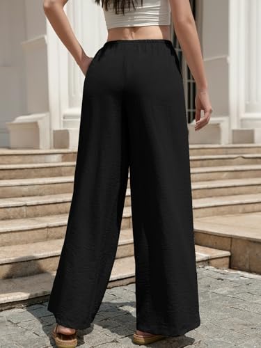 Wide Leg Pants for Women Flowy Palazzo Pants Drawstring Elastic Beach Trousers with Pockets Summer Vacation - color: Black, size: X-Small