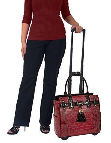 JKM & Company Rolling Laptop Bag for Women | Designer Wheeled Briefcase | Fits 13-17" Laptops | Office Travel Computer Case - color: Red/Black