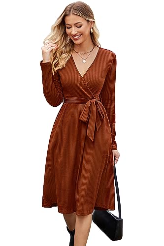 Newshows Women's Sweater Pockets Belted Fall Teacher Business Casual Dress - color: Caramel, size: Medium