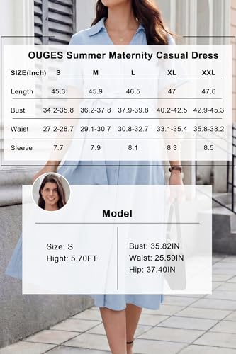 OUGES Women's Summer Maternity Dress Collar V Neck Button Down Tie Waist Casual Midi Dresses with Pockets 2026 - color: Sky Blue, size: XX-Large
