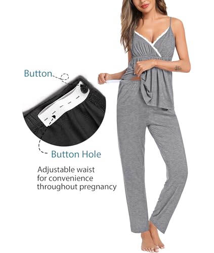SWOMOG Maternity Nursing Robe Set 3 Piece Breastfeeding Pajamas 3 in 1 Labor Delivery Sleevless Tops&Long Pants Pregnancy Pjs - color: Grey, size: Medium