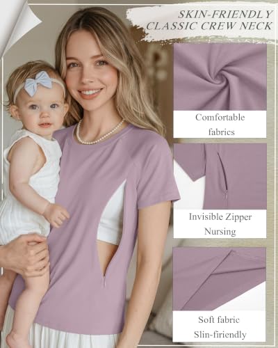 Huukeay 3 Pack Women's Nursing Tops - color: Gray Purple, Cement Gray, Cream, size: Large