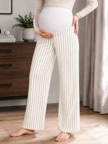 Yousify Womens Maternity Pants Casual Wide Leg Pregnancy Trousers - color: White Striped, size: Small