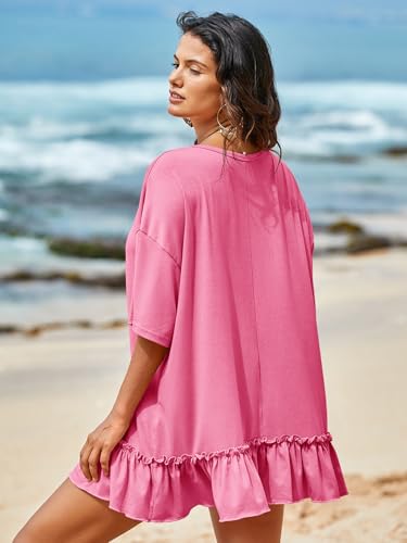 Tankaneo Womens Peplum Oversized Tshirt Summer Flowy Babydoll Tunic Tops - color: Pink, size: Medium