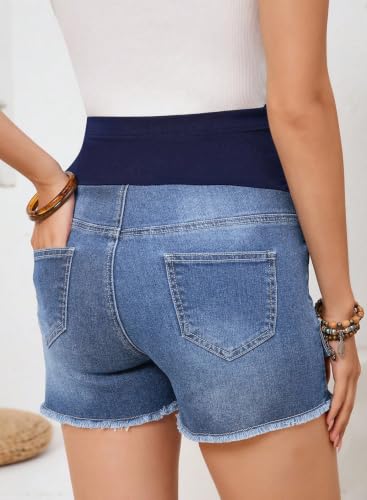 BLENCOT Maternity Denim Cargo Shorts Over Belly Soft Stretch Frayed - color: Ashleigh Blue, size: Large