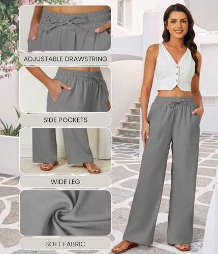 FireSwan Linen Pants Women Drawstring Elastic Waist Wide Leg Palazzo Pants - color: Grey, size: Large