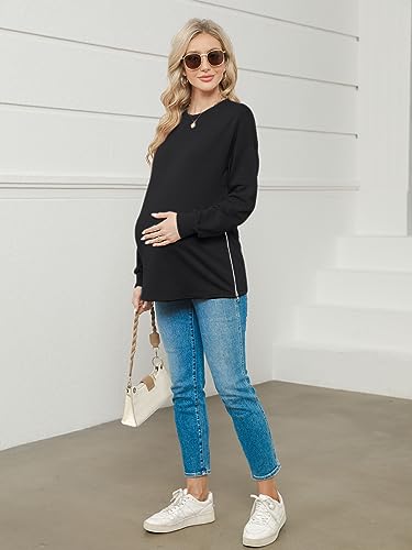 Women's Maternity Shirts Long Sleeve Sweatshirt Zipper Split Side Pregnancy Casual Tunic Top - color: Black, size: XX-Large