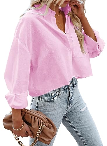 LAYOGAS Womens Crop Button Down Shirts Casual Long Sleeve Lapel Blouse - color: 04-pink, size: Medium