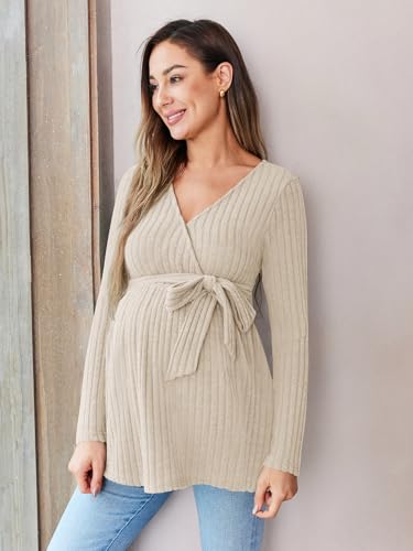 FMEYOA Women's Maternity Shirts Long Sleeve Pregnancy Tops - color: Beige, size: X-Large