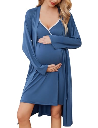 Ekouaer Nursing Nightgown and Maternity Robe Set Labor and Delivery Gown - color: Navy Blue, size: Small
