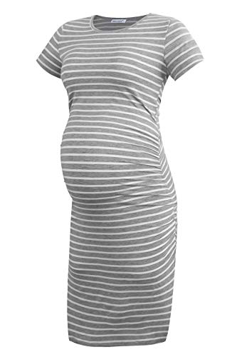 Smallshow Women's Short Sleeve Maternity Dress Ruched Pregnancy Clothes - color: Light Grey Stripe, size: Large