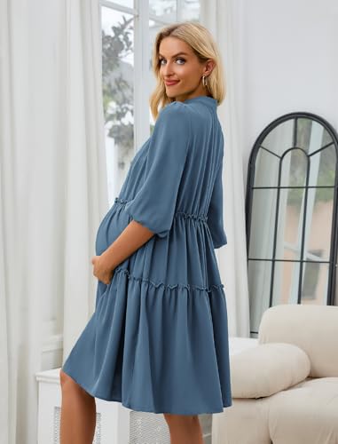 Angashion Women's Maternity Nursing Dress: V-Neck Hidden Zipper Pockets - color: Gray Blue, size: X-Large