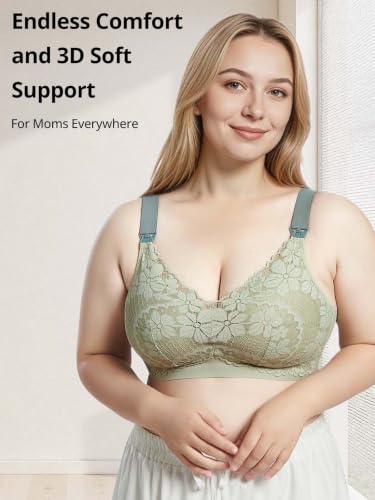 Lace Nursing Bras for Breastfeeding, Plus Size Maternity Sleep Bra, Mulberry Silk Liner Pregnancy Bra Wirefree Bralette - color: Green, size: Medium
