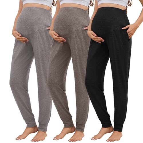3 Pack Women's Maternity Sweatpants Over The Belly Pregnancy Jogger Pants Stretchy Maternity Pants with Pockets - color: Black/Light Coffee/Apricot, size: Medium