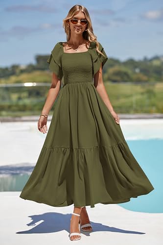 MASCOMODA Womens Summer Casual Smocked Flowy Midi Dress - color: Army Green, size: Small