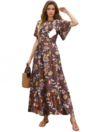 CzzzyL Womens Nursing Dress Summer Floral Print Smocked Maxi with Pockets - color: Grey, size: Small