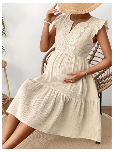 OYOANGLE Women's Maternity Dress Lace Trim Cap Sleeve Tiered Ruffle A Line Midi Dresses - size: Large