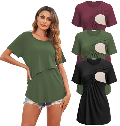 3 Pack Women Nursing Tops Short Sleeve Breastfeeding Shirts Maternity Tees - color: 3pcs- Black + Army Green + Red, size: Medium