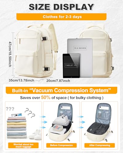 Vacuum Backpack Travel with Pump 18x14x8 Personal Item Bag for Women Men - color: Beige