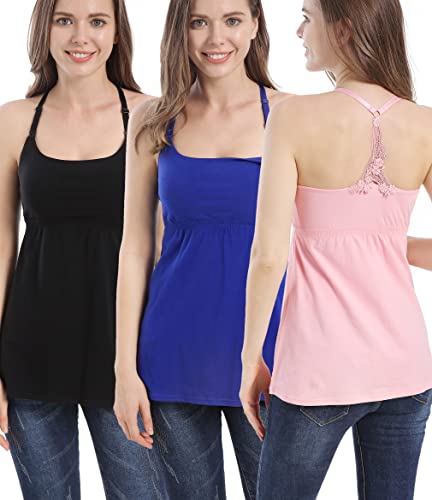 SUIEK 3-Pack Cotton Maternity Nursing Tank Tops Breastfeeding Cami Shirts - color: C-black+pink+royal Blue - Second Style, size: Small