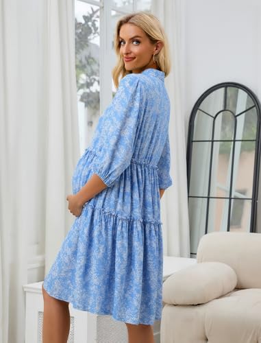 Angashion Women's Maternity Nursing Dress: V-Neck Hidden Zipper Pockets - color: Blue&white Floral, size: Medium