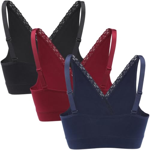 Wireless Cotton Nursing Bra for Sleep& Maternity, Pregnancy Breastfeeding Top, Adjustable Straps, Full Coverage - color: Black+navy Blue+red Wine/3pack, size: XX-Large