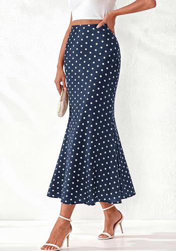 BTFBM Silk Midi Skirts for Women 2026 Summer Fall - color: Dot Navy White, size: Large