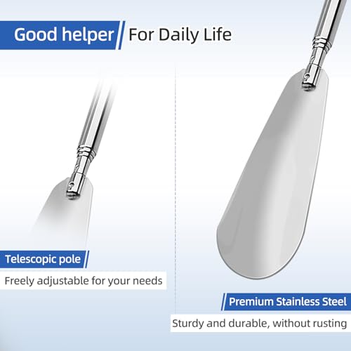 Shoe Horn Extra Long Handle, Telescopic Metal Adjustable Length 3" to 25"