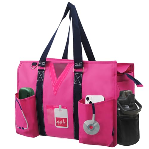 NGIL Work Tote Bag with Exterior Pockets - color: Hot Pink Nurse Life