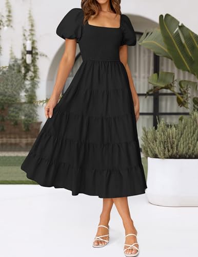 ZESICA Women Summer Puff Sleeve Boho Wedding Guest Midi Dress - color: Black, size: Small