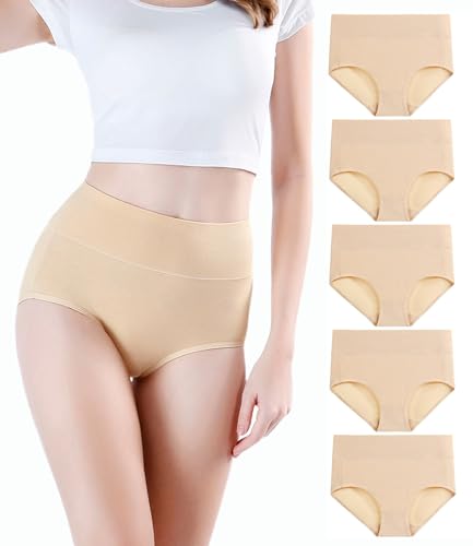 wirarpa Women's Underwear High Waisted Ladies Cotton Panties Soft Full Coverage Briefs 5 Pack - color: Beige-5p, size: 4X-Large