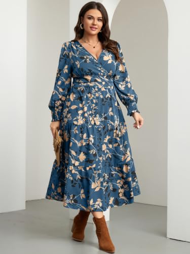 RWJ Women's Plus Size Fall Wedding Guest Dress Long Sleeve Maxi with Pocket - color: Dusty Blue Floral, size: Large Plus