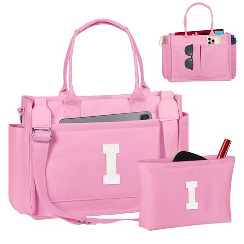 Birthday Gifts for Women, Initial Tote Bag with Makeup Bag - color: Pink, style: I