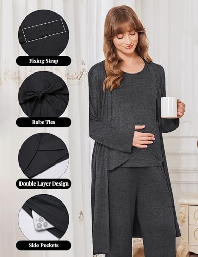 Ekouaer Maternity Pajamas Nursing Robe Set 3 Pieces Post Partum Lounge Sets - color: Dark Gray, size: XX-Large