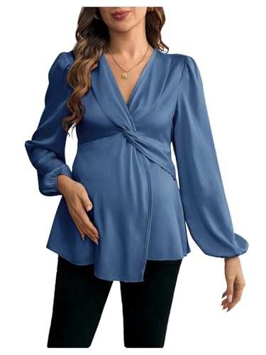 MakeMeChic Women's Maternity Shirts Blouse Satin Work Clothes Babydoll Tops - color: Blue, size: X-Large