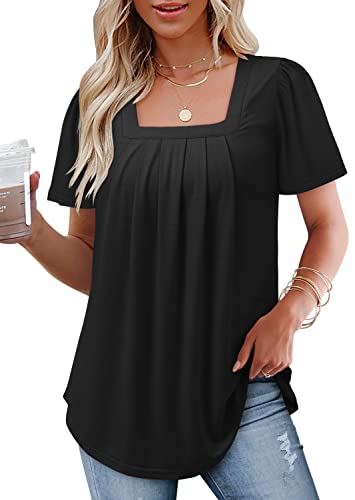 BETTE BOUTIK Womens Summer Tops Short Sleeve Pleated Square Neck Tunics Shirts Blouses S-3XL - color: 0-black, size: Medium