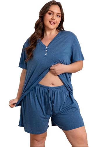 Vozanet Women's Plus Size Solid Pajama Sets Button V Neck Sleepwear Summer Shorts Nighty Soft Loungewear with Pockets - color: Blue, size: XX-Large