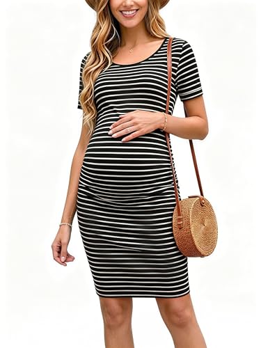Liu & Qu Women's Maternity Dress Summer Casual Bodycon Pregnancy Dresses - color: Black White Stripe, size: Medium