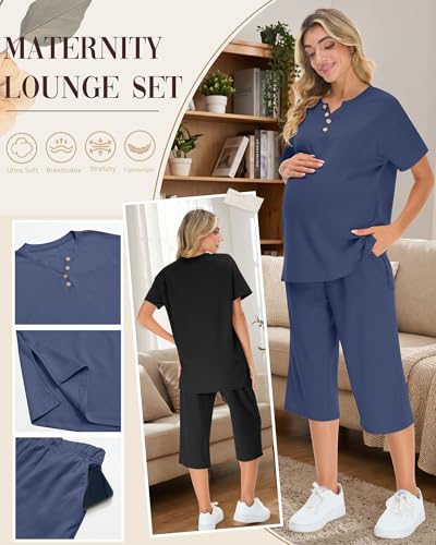 2 Pack Maternity Lounge Outfits - color: Black, Haze Blue