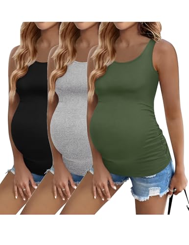 Ekouaer 3 Pack Women Maternity Tank Tops Summer Pregnancy Shirts - color: Black/Light Grey/Army Green, size: Medium