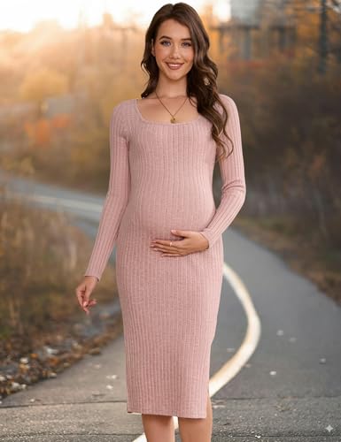 LAHILO Long Sleeve Knit Ribbed Maternity Sweater Dress for Fall Winter - color: Pink, size: XX-Large