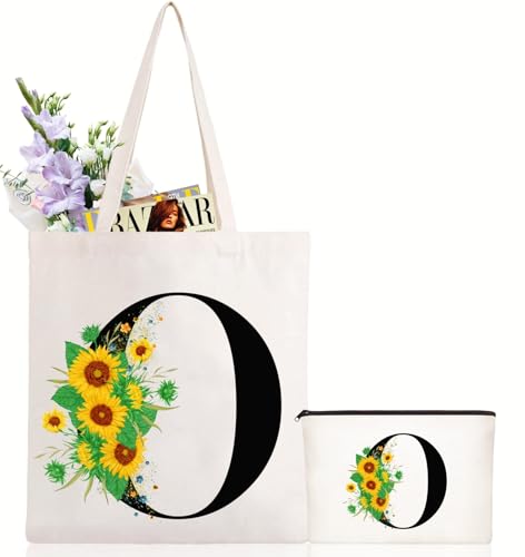 Andeiltech Initial Canvas Tote Bag Sunflower Letter Personalized Makeup Bag Monogrammed Gift for Bridesmaids Birthday Wedding - color: Sunflower Letter_o
