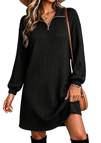 Halife Women's Fall Dresses Long Sleeve Tunic Sweater Dress with Zippers - color: Black, size: Medium