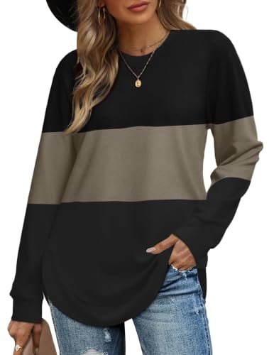 OFEEFAN Womens Sweatshirt Crewneck Long Sleeve Shirts High Low Tops Curved Hem - color: Black Brown, size: XX-Large