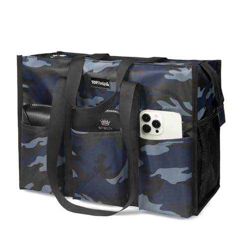 TOPDesign Utility Water Resistant Tote Bag with 13 Pockets, Zipper Closure - color: Blue Camouflage, size: Large