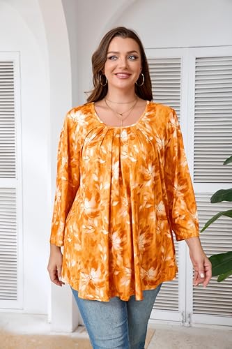 Plus Size Tunic Tops for Women 3/4 Sleeve Tunics Loose Fit Shirt Crew Neck Pleated Solid Casual Dressy Blouses - color: F-tie Dye Orange, size: X-Large